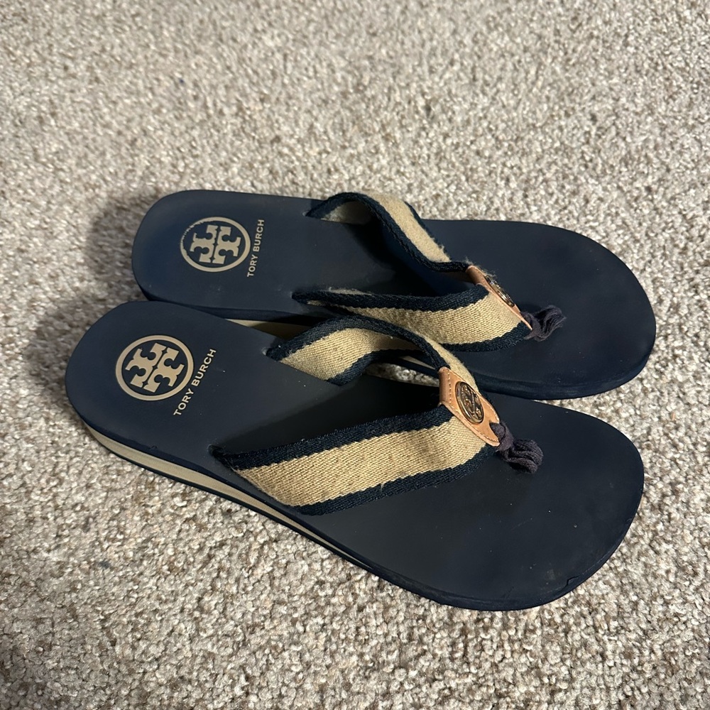 Tory Burch Black and Tan Flip Flops